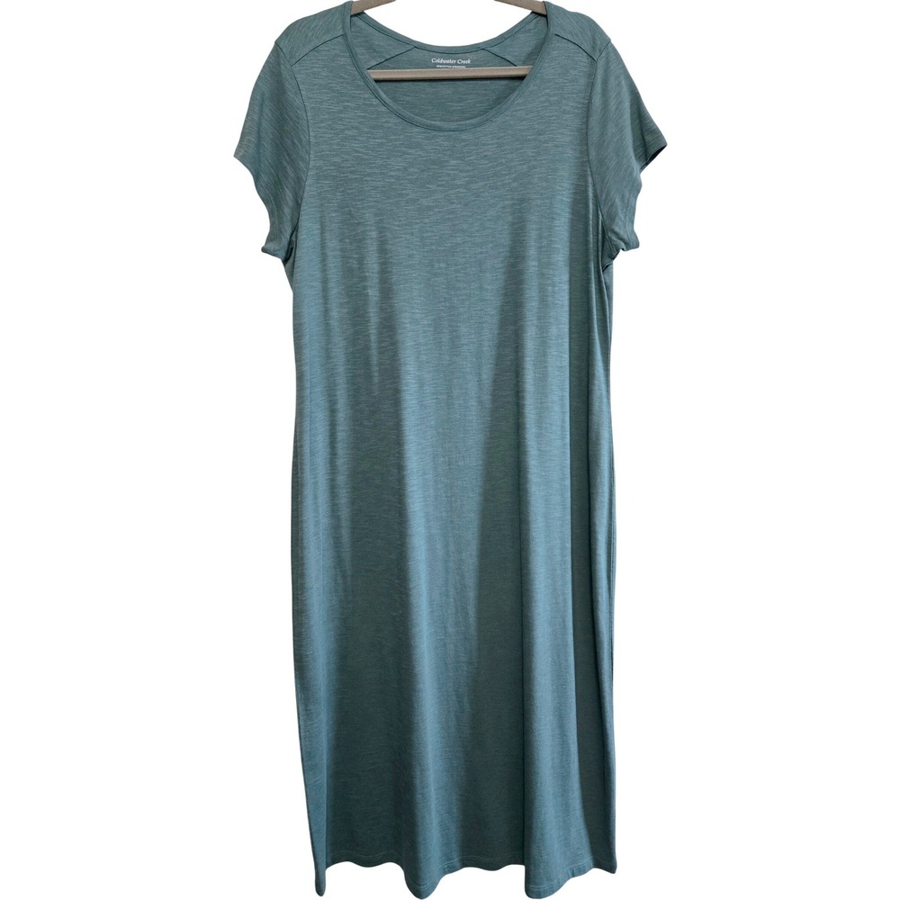 Coldwater Creek Teal Green Slub Knit Cotton Modal Midi T-Shirt Lounge Dress PL